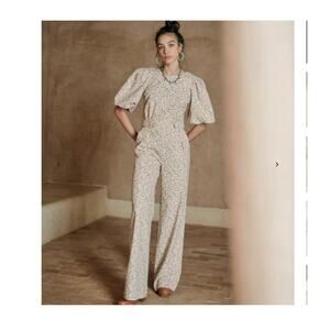 Sezane Claude Jumpsuit Sz 36 / US 4 Pink And Green Floral Spring Linen Cotton